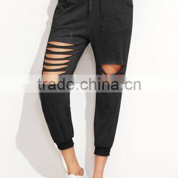 Woman's/Ladies' Black Cotton Cut Out Drawstring Pants photo-2