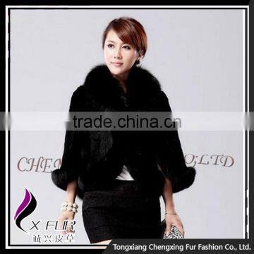CX-B-M-41C Fashion Wholesale Women Knitted Mink Shawl With Fox Fur Trim photo-3