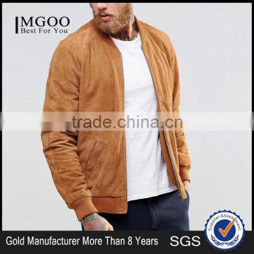 Mgoo Brown Suede Bomber Jacket Customize Embroidery Slim Fitness Zip Up Men's Leather Coats With Side Pocket