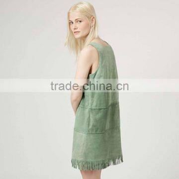 Mint Green Sleeveless Fringed Braided Suede Shift Dress photo-2