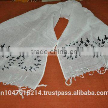 Hand woven linen cotton scarf with black hand embroidery