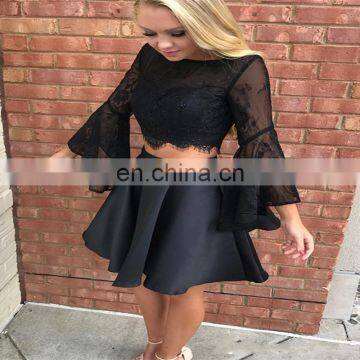 Two Pieces Black Exquisite Short Cocktail Dress Bateau Long Sleeve Beaded Satin Prom Dress