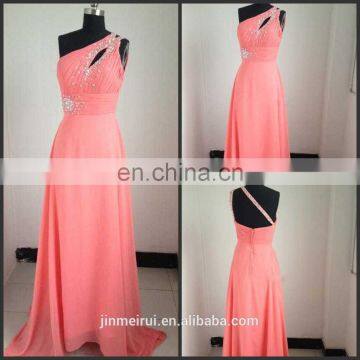 2016 New Arrival Floor Length Cheap under Sexy One Shoulder Chiffon Evening Dresses Coral Color