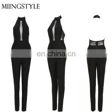 2017 oem halter black sexy lady evening bodycon bandage women jumpsuits 2016