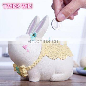 Hot sale in Amazon gift for girls top quality nature resin cute rabbit shape unbreakable piggy bank cartoon saving money box