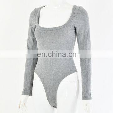 Wholesale Women Long Sleeve Wide Round Neck Ribbed Cotton Bodysuits for Women photo-3