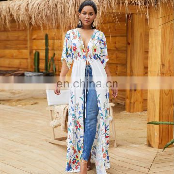 Bohemian Floral Embroidered Half Sleeve Front Open Summer Beach Dress Elegant Women Beachwear Maxi Dress Robe de plage