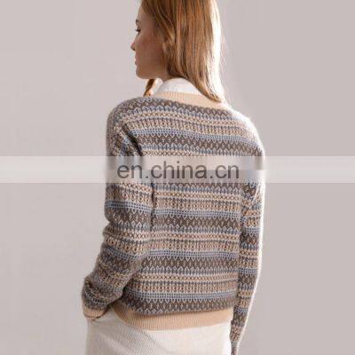 Women Casual V Neck Custom Design Printed Jacquard Cashmere Sweater photo-2