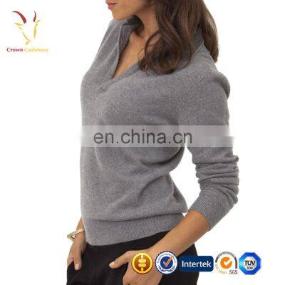 New Design Fashion V Neck Cashmere Sweater With Lapel Collar for Ladies photo-3