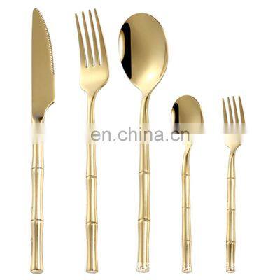 Kitchen Spoon Fork Wedding Bamboo Handle Stainless Steel Silverware Cutlery Set Gold Flatware photo-4