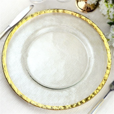 Clear Hammered Glass Wedding Charger Plate With Gold Rimmed