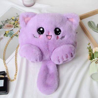 019 Cute cat shaped fluffy artificial fur handbag, crossbody bag, plush handbag, cartoon shoulder bag, girl\'s winter soft shoulder bag