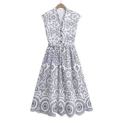 2025 European and American Summer New Fashionable Contrast Embroidered Sleeveless Long Belt Dress for Women