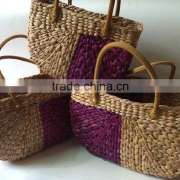 High quality best selling Water hyancinth shopping bag with leather handles- Natural & Purple from Vietnam