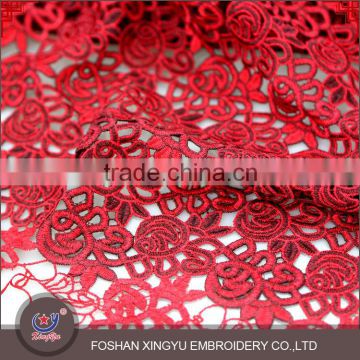 Fashion high quality polyester mesh fabric price per meter for wedding dress with red flowers embroidery