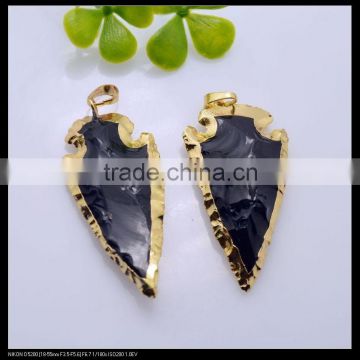 LFD-0072P ~ Wholesale Black Obsidian Druzy Pendant Bead Arrowhead Gold Plated the Edged Fashion Charm Gem Stone Pendant