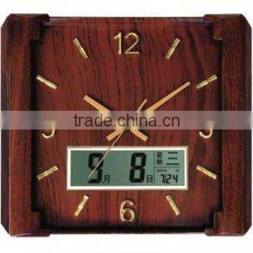 large square wooden analog wall clock and LCD calendar