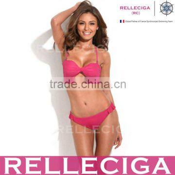 RELLECIGA Solid Hot Pink Twist Bandeau Swimwear Bikini with Removable Straps