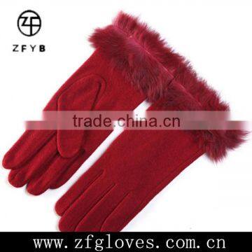 Ladies wearing sheep wool gloves with rabbit fur cuffs