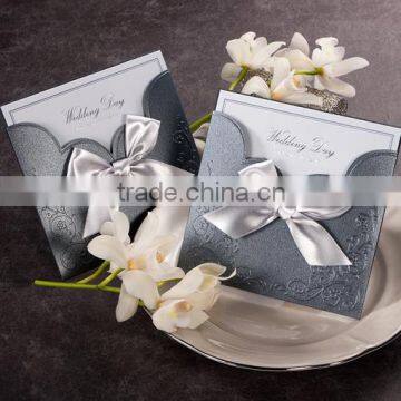 Luxury Western Romantic Dark Grey Satin Ribbon Wedding Invitation Cards