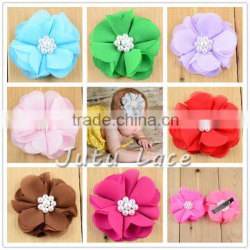 Wholesale Princess 2.5" Mini Chevron Chiffon Fabric Flower- Decorative Hair Clips Flower with Rhinestone and Pearl Center