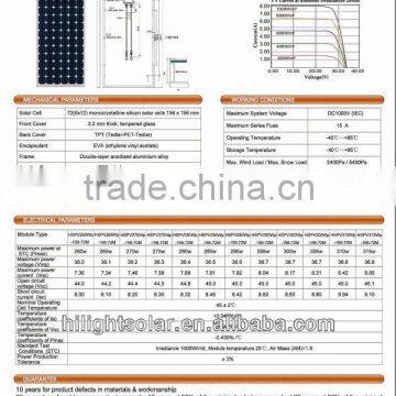 300w Monocrystalline156*156mm Cells Pv Panel