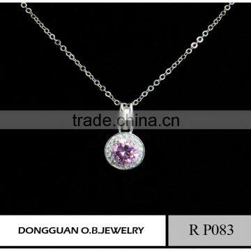 Pink color single stone pendant necklace/silver plated classic design