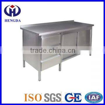 Stainless steel kitchen storage cabinet with drawers and backsplash