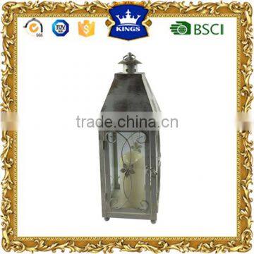 White golden brush LED metal candle lantern with flower design