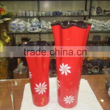 Set of 2 Ceramic vases, red color, flower patterns outside from Hanoi - Vietnam