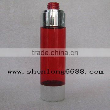 Red PET Plastic shampoo bottle with silver plated parts at top and bottom