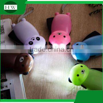 cartoon bear animal mini portable plastic hand crank pressing led torch flashlight with rope