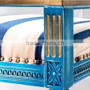Antique Handmade Solid Wood Square Back Carving Armchair Painted in Vintage Blue and With Striped Fabric BF12-03294b photo-6