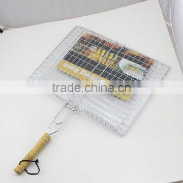 Silver Tone Metal BBQ Grilling Net with Round Wooden Handle