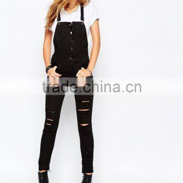 2015 China factory OEM ODM fashionable customized Skinny Fit Overall Jumpsuit With Distressing