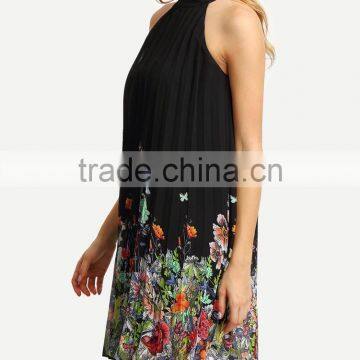 Floral Print Halter Neck Pleated Dress New Fashion Summer Women Dress photo-2