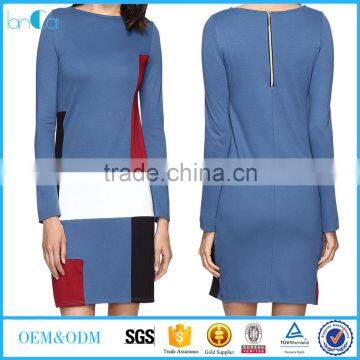 2017 ladies office round neck long sleeve contrast color patch career dress