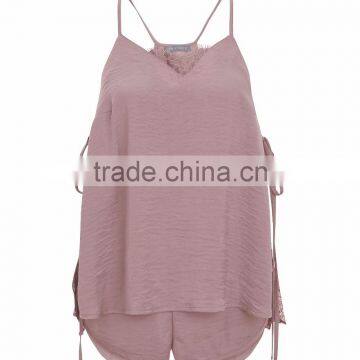 New Arrival Straps Nightwear Pink Sateen Eyelash Lace Pyjamas Set Vest and Shorts Casual Fit Sleepwear For Women photo-6