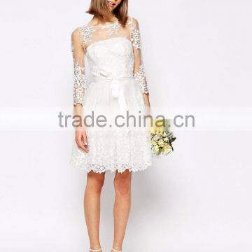 MGOO Design Long Sleeve Lace Mini Dress Bridal Grown With Floral Pattern Pure White Beach Wedding photo-2