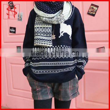 Women jacquard reindeer sweaters loose cotton Christmas pullover sweater