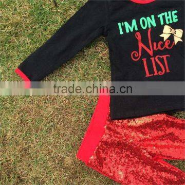 New Design Christmas Outfits Girl Baby Kids Wear "I'm on the Nice List" Red Sequins Pant With Matching Accessories Set photo-3