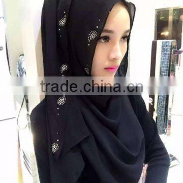 Factory Direct Sales of the New Muslim Scarf Hui Chiffon Long Paragraph Hot Drill Pure Color Convenient Paragraph Head Scarf photo-2