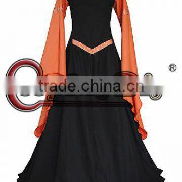 Custom Made Women's Orange Black Medieval Victorian Long Trumpet Sleeve Bandage Dress