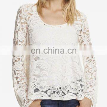 CHEFON Romantic casual sheer floral lace flare trapeze long sleeve european lace blouses fashion 2016 latest