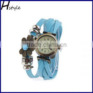 Ladies Flower Sense Retro Wrap Around Weave Leather Quartz Watch Bracelet Wrist Watch Blue WP007