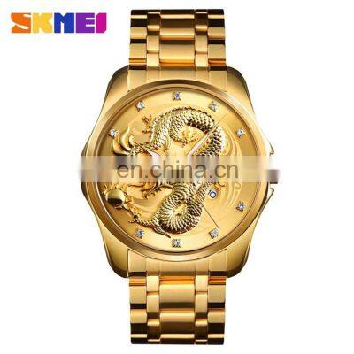 SKMEI 9193 Luxury Dragon Diamond Quartz Japan Movt Watch Stainless Steel Calendar Business Men Watches