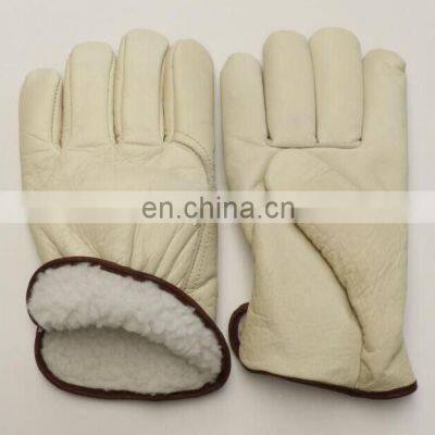 Warm Lining White Men's Cow Grain Leather Driving Gloves With Wing Thumb