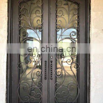 Luxury Residential Front Gate High Quality Tempered Glass Black Frame Unique Design Security Entry Wrought Iron Exterior Door