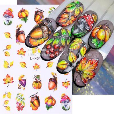 New Nail Sticker ins Autumn and Winter Maple Leaf Ginkgo Leaf Pumpkin Mushroom Hazelnut Back Adhesive Nail Sticker