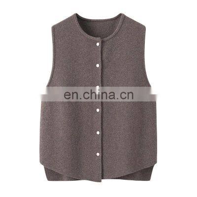 Women's Casual Knitted Sleeveless Cardigan Soft Crew Neck Single Breasted Woolen Vest with Embroidered Logo Button Decoration